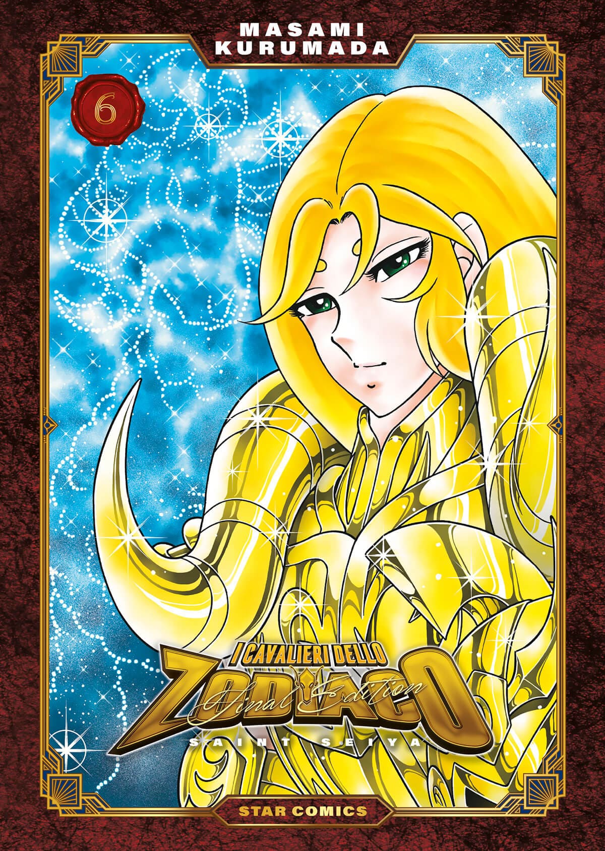 Copertina del volume "I Cavalieri dello Zodiaco Final E.6" edizione Star Comics, con illustrazione dei personaggi principali sul fronte