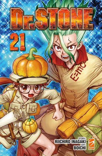 Copertina del volume 21 di DR.STONE, pubblicazione delle Edizioni Star Comics, illustrata e ricca di dettagli.