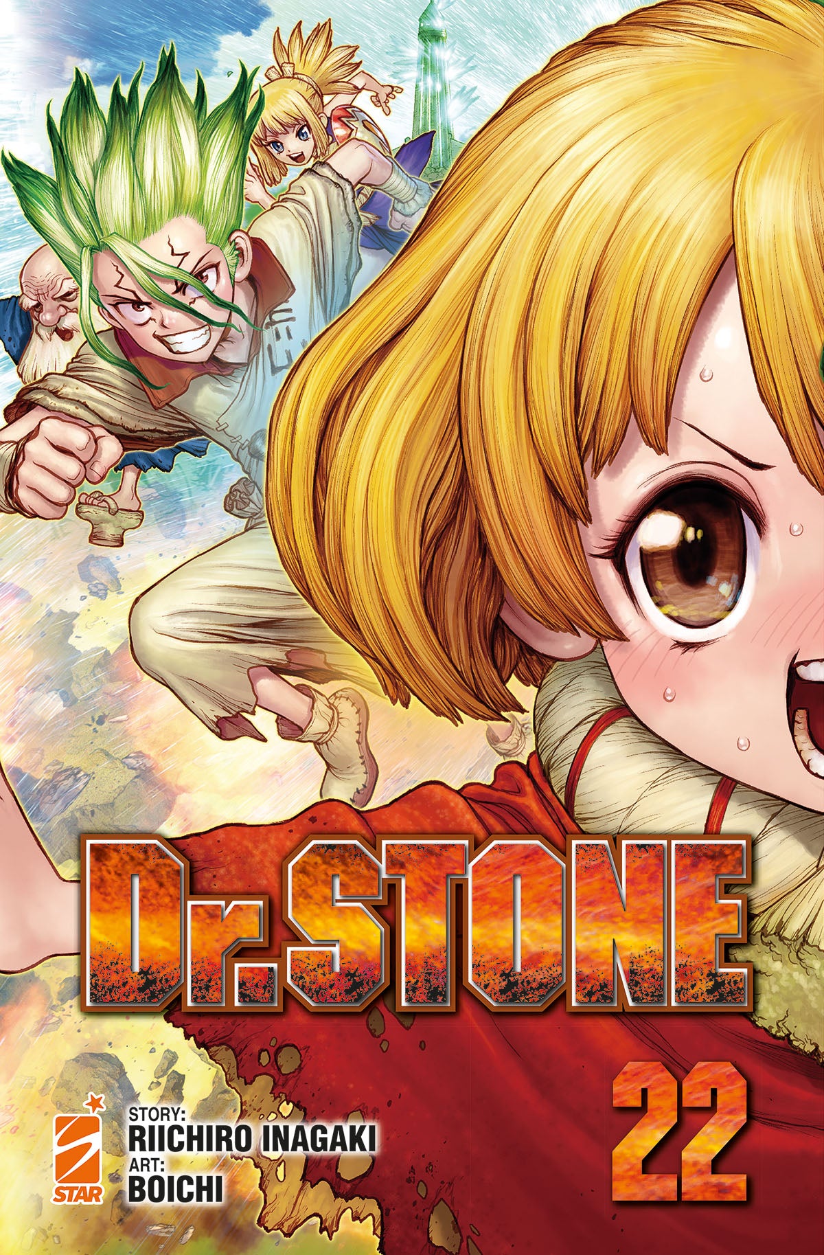 Copertina della pubblicazione DR.STONE 22 di Edizioni Star Comics, con illustrazione e testo sulla copertina del manga.