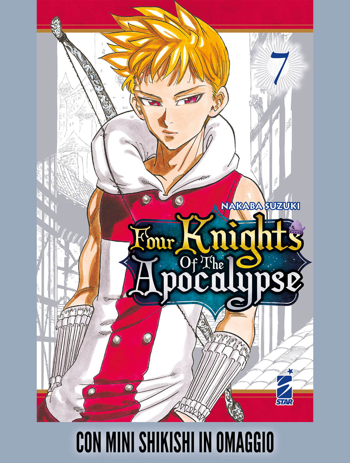 Copertina della pubblicazione "Four Knights of the Apocalypse" di Edizioni Star Comics, con personaggi e dettagli artistici.