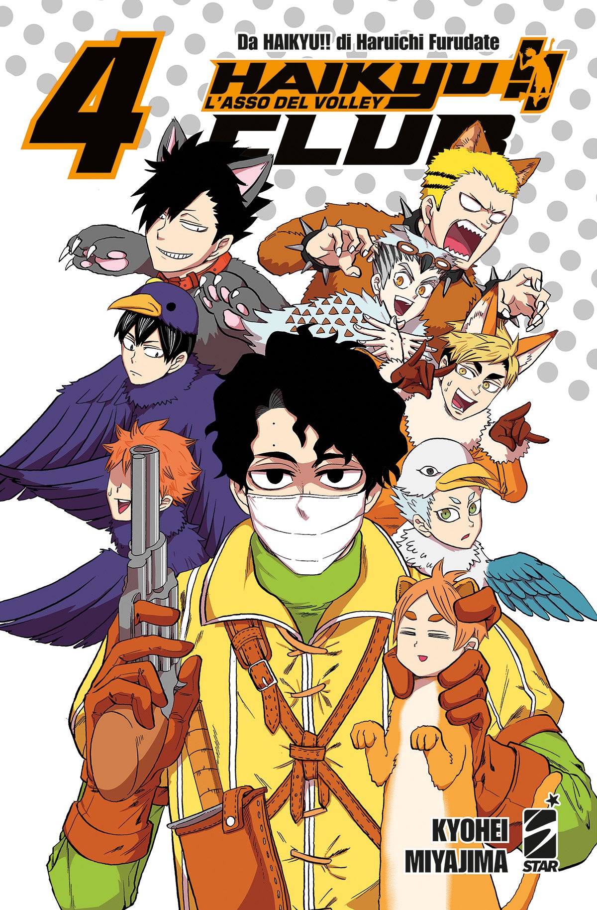 Copertina di pubblicazione HAIKYU!! CLUB 4 di Edizioni Star Comics con illustrazione dinamica dei personaggi.