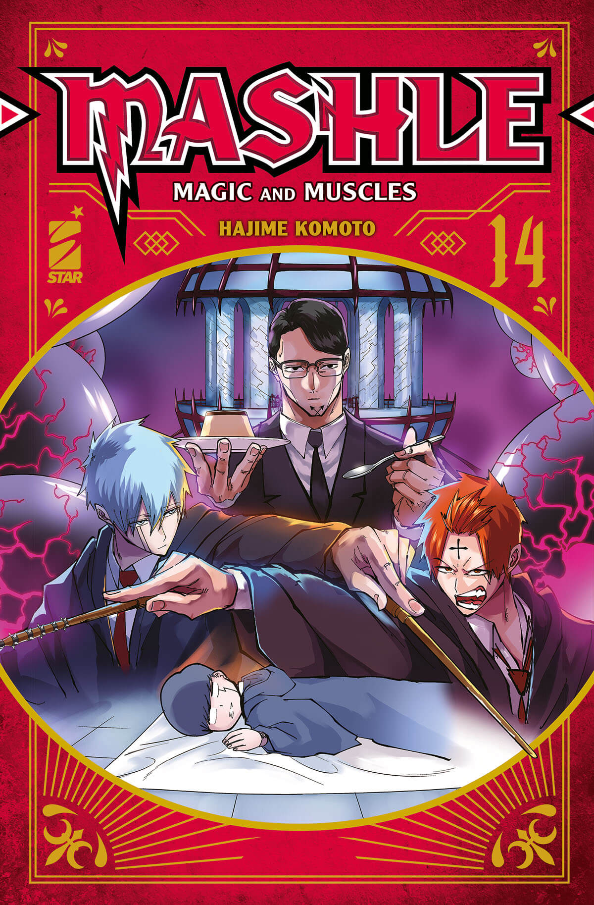 Copertina del volume 14 di MASHLE, pubblicazione di Edizioni Star Comics, con personaggi in stile manga.