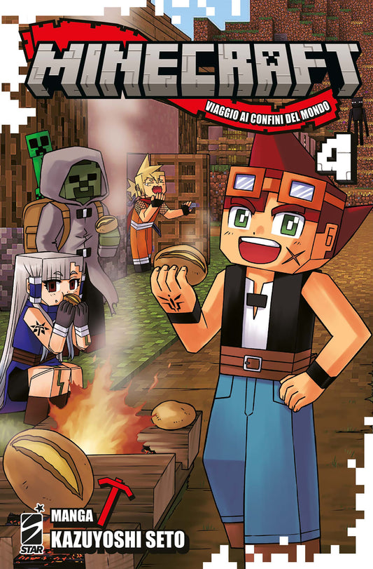 Libro di pubblicazioni Minecraft 4: Viaggio ai confini, edizioni Star Comics, copertina illustrata con personaggi del gioco.