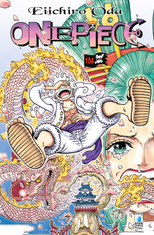 Copertina di ONE PIECE 104 di Young, pubblicazione delle Edizioni Star Comics, con personaggi principali in azione sul fronte.