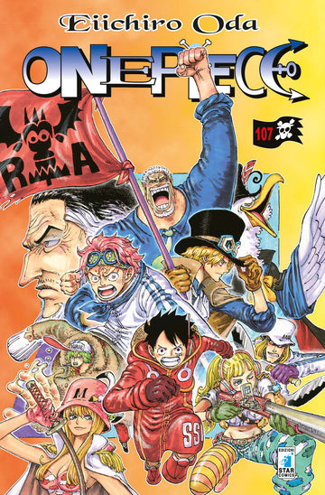 Copertina di ONE PIECE 107, pubblicazione delle Edizioni Star Comics, mostra personaggi principali e grafica colorata.
