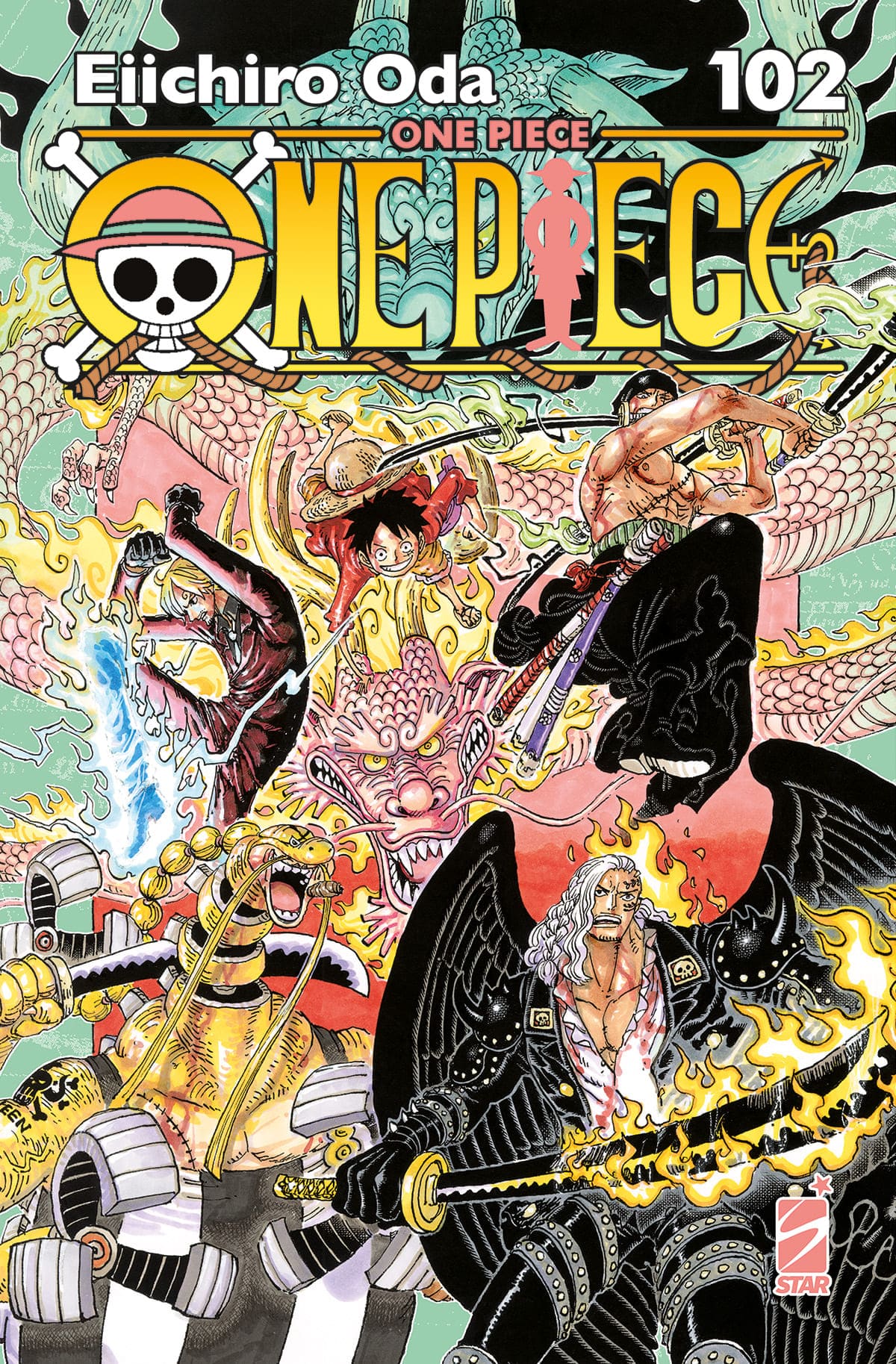 Copertina di ONE PIECE NEW ED.102 - GREATEST, pubblicazione di Edizioni Star Comics, con personaggi principali dell'anime e manga.