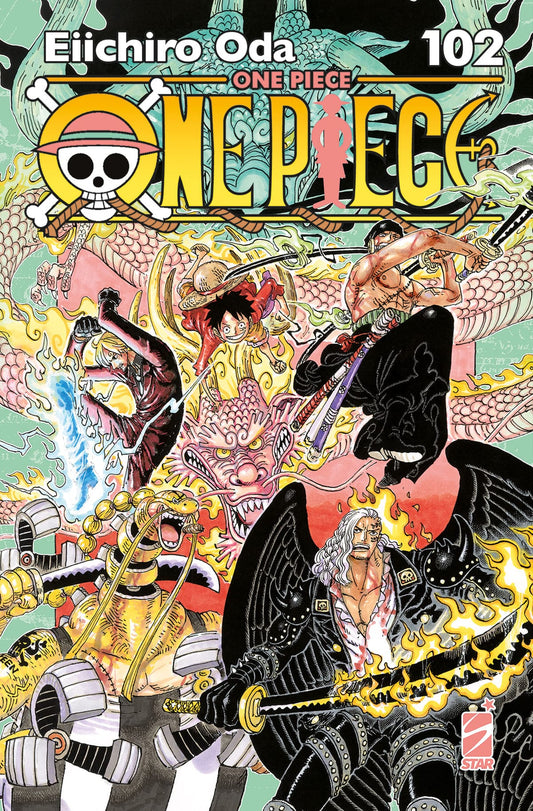 Copertina di ONE PIECE NEW ED.102 - GREATEST, pubblicazione di Edizioni Star Comics, con personaggi principali dell'anime e manga.