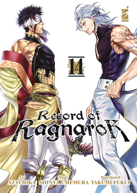 Copertina del volume 14 di Record of Ragnarok, pubblicazione Edizioni Star Comics, con illustration dettagliata e titolo visibile.