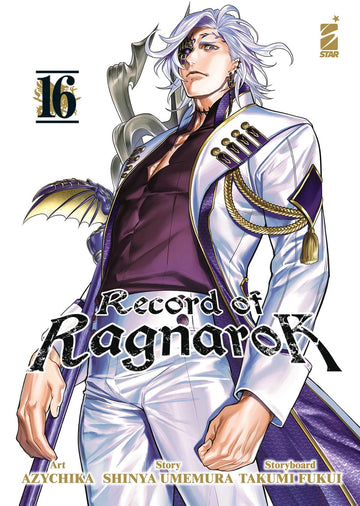 Copertina di Record of Ragnarok 16, pubblicazione di Edizioni Star Comics, con illustrazione dinamica e dettagli artistici.