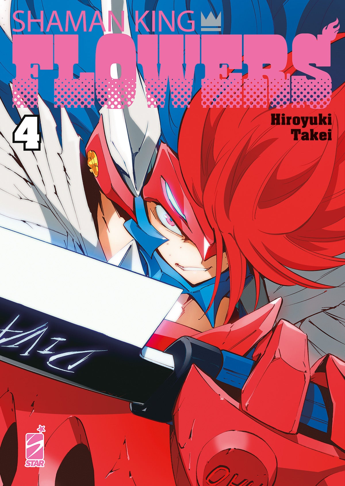 Copertina del volume Shaman King Flowers 4 di Edizioni Star Comics, mostra illustrazione artistica e titolo.
