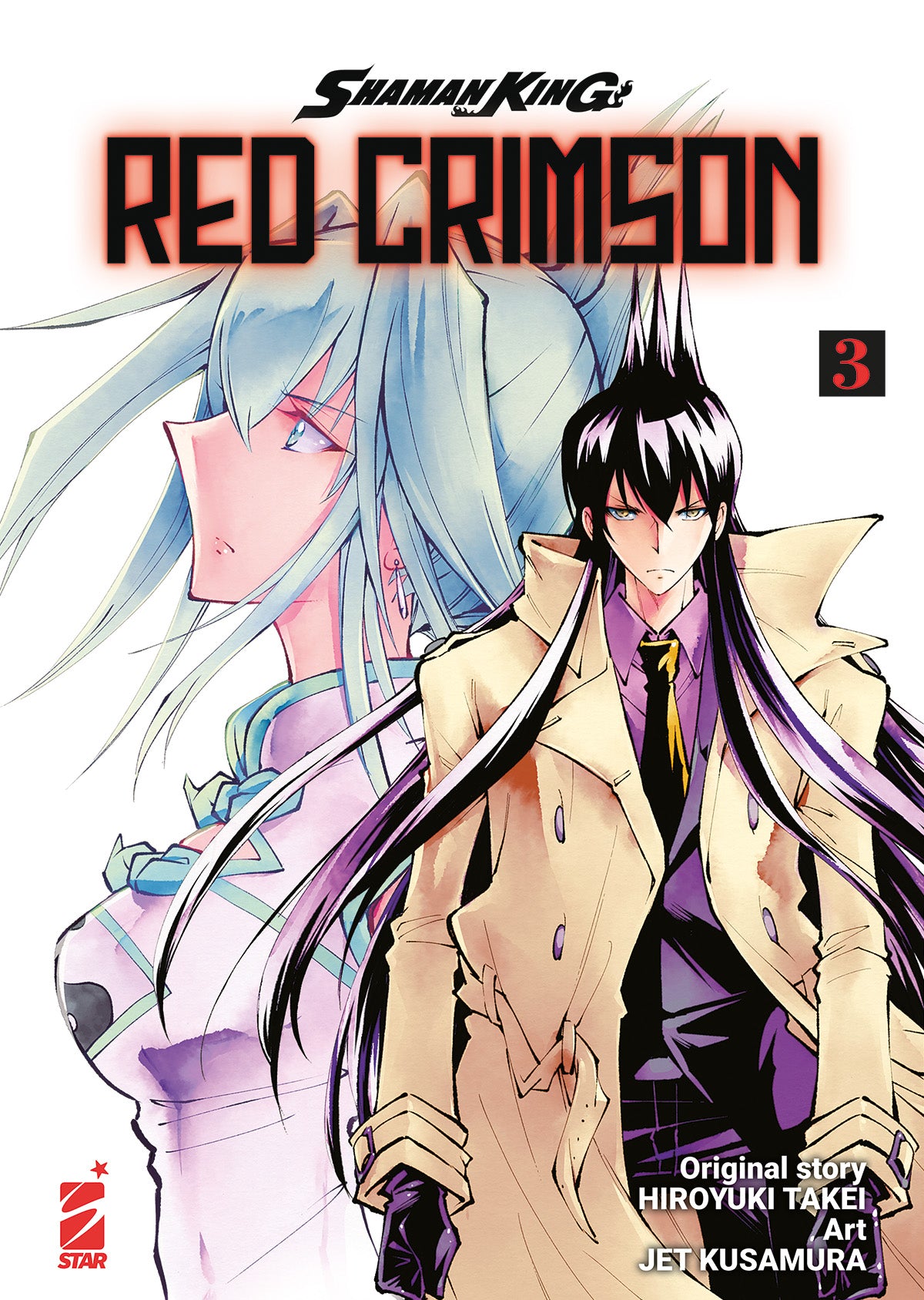 Copertina del volume Shaman King Red Crimson 3, pubblicazione di Edizioni Star Comics con illustrazioni colorate e dettagli vivaci