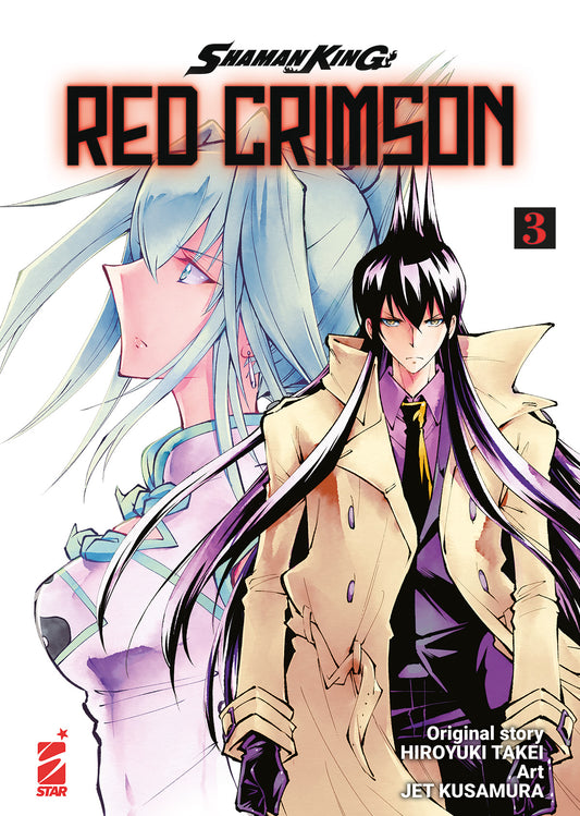Copertina del volume Shaman King Red Crimson 3, pubblicazione di Edizioni Star Comics con illustrazioni colorate e dettagli vivaci