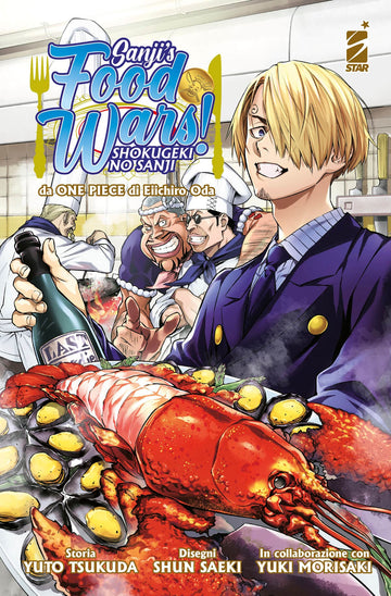 Copertina del fumetto Sanji's Food Wars Shokugeki no Sanji, pubblicazione di Edizioni Star Comics, con dettaglio di Sanji in cucina
