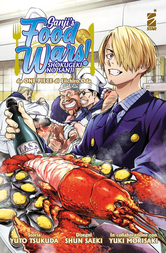 Copertina del fumetto Sanji's Food Wars Shokugeki no Sanji, pubblicazione di Edizioni Star Comics, con dettaglio di Sanji in cucina