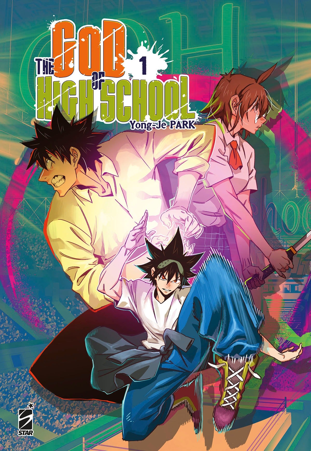 Copertina del volume 1 di "The God of High School", pubblicazione di Edizioni Star Comics, con personaggi in azione.