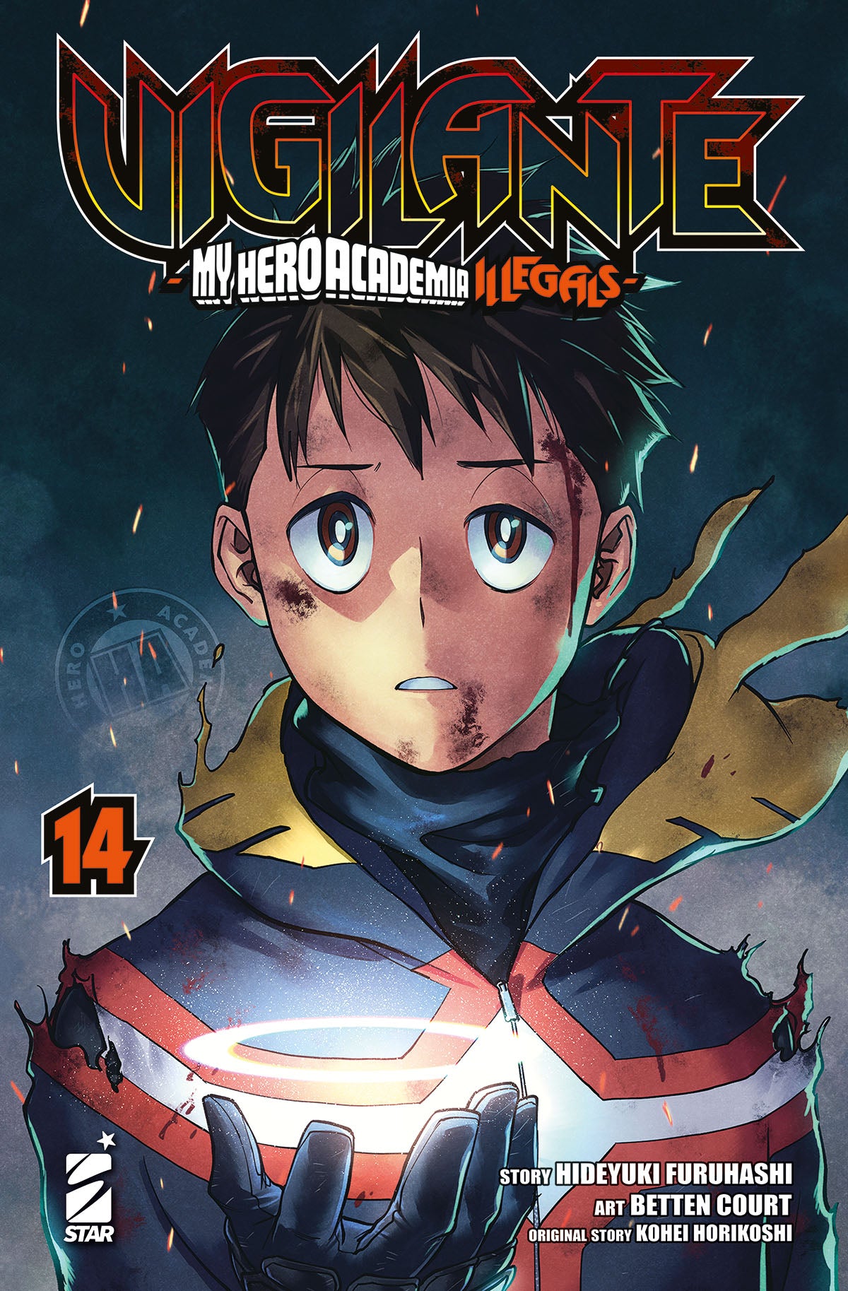Copertina del fumetto Vigilante - My Hero Illegals 14 di Edizioni Star Comics, con personaggi principali e titolo in evidenza.