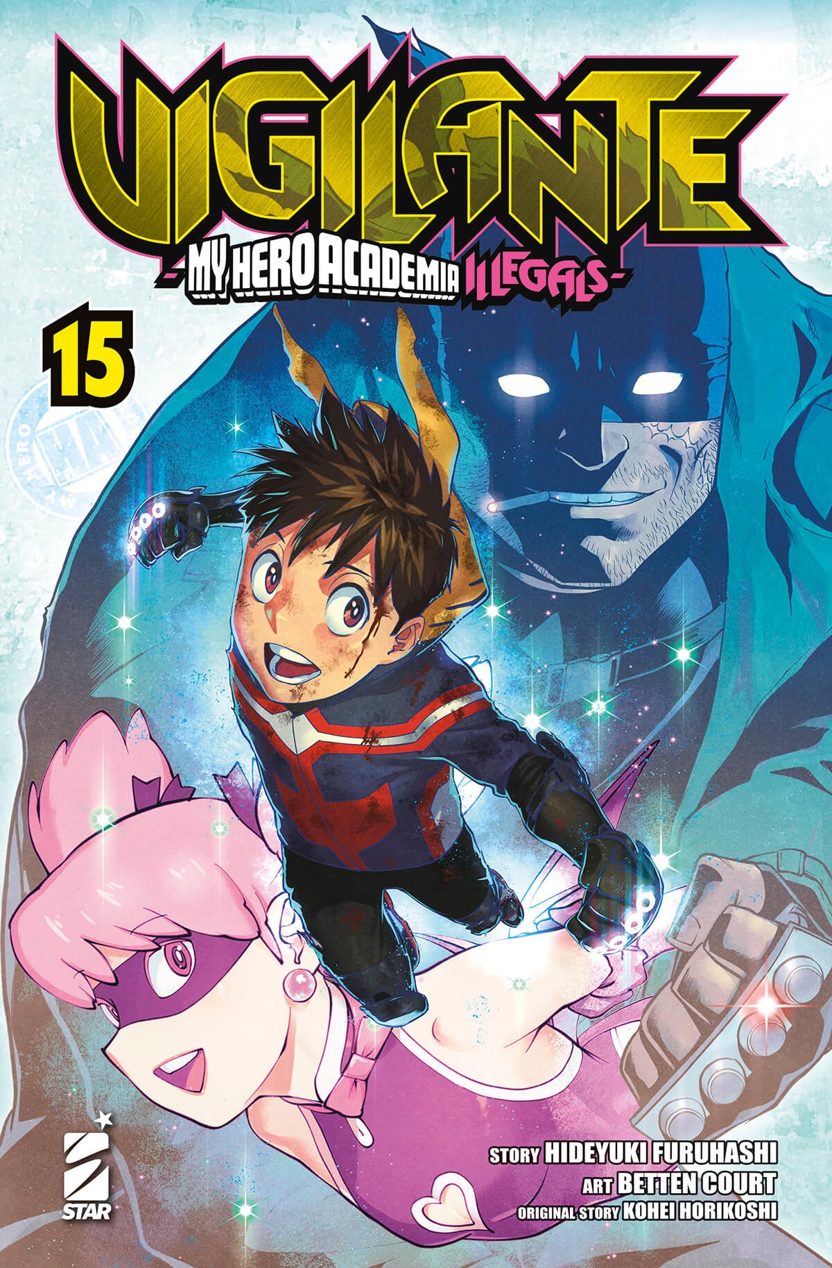 Copertina del fumetto Vigilante - My Hero Illegals 15 di Edizioni Star Comics, con illustrazioni e titolo visibili.