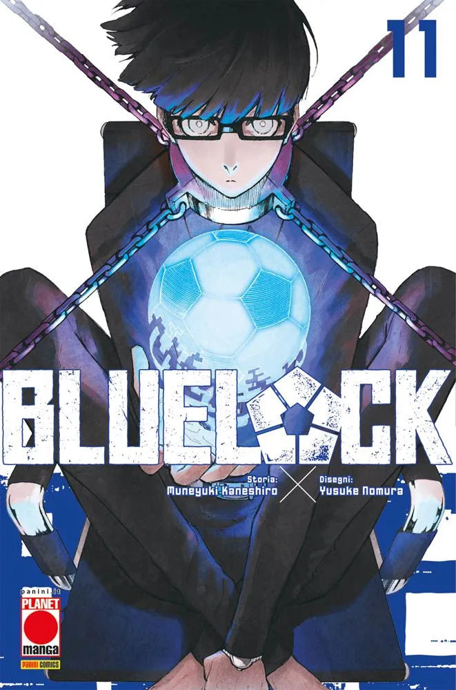 Pubblicazione "BLUE LOCK 11" di PANINI COMICS, copertina con illustrazione di un personaggio di calcio.