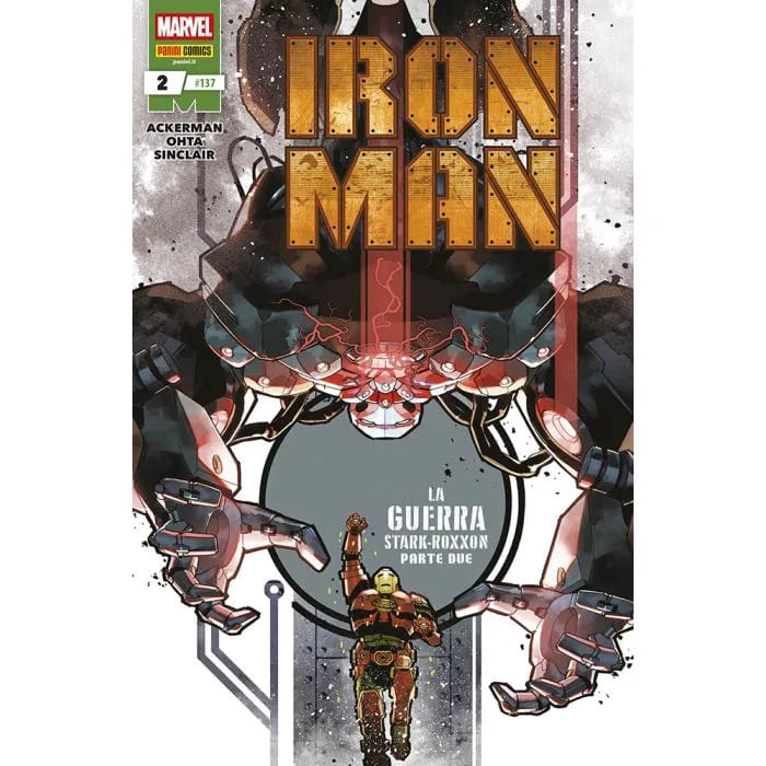 Copertina di pubblicazione Iron Man 137 dalla serie Iron Man 2, di Panini Comics, con immagine di Iron Man in azione.