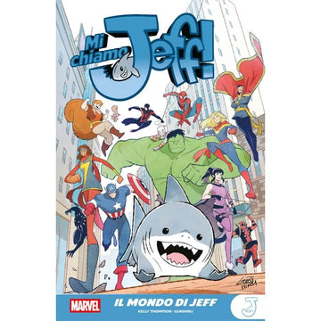 Copertina del libro "Mi Chiamo Jeff - Il Mondo di Jeff" di Panini Comics, con illustrazione colorata di Jeff e personaggi.