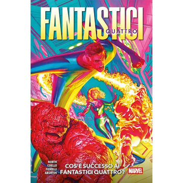 Copertina del fumetto "Fantastici 4 - Cos'è Successo Ai" di Panini Comics, con illustrazione dei supereroi in azione.