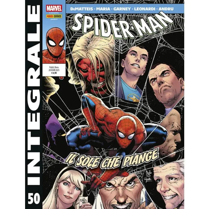 Copertina di pubblicazione Spider-Man di De Matteis 50, Panini Comics, con illustrazione di Spider-Man in azione.