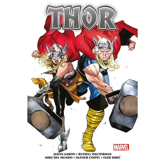 Copertina dell'omnibook Thor di Jason Aaron, pubblicato da Panini Comics, con illustrazioni e dettagli della serie Marvel.