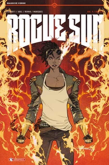Copertina del libro "Rogue Sun 4 - Divinità" di Salda Press, pubblicazione con illustrazione e titolo visibili.