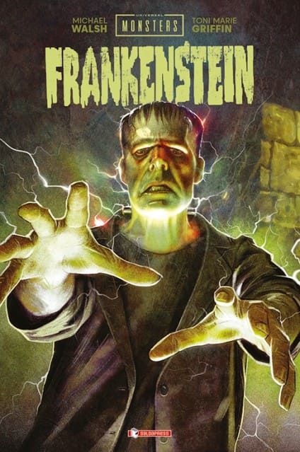 Copertina di pubblicazione SALDA PRESS su Frankenstein dei Universali Mostri, con immagine di Frankenstein in primo piano.