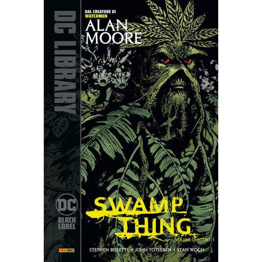 Copertina del fumetto Swamp Thing di Alan Moore, pubblicazione Panini Comics DC, con illustrazione dettagliata del personaggio.