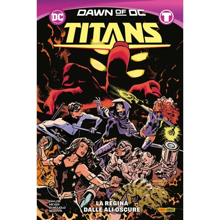 Copertina del fumetto TITANS 2 - La regina dalle ali pubblicato da Panini Comics, con illustrazione di personaggi dei Titans.