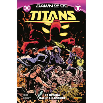 Copertina del fumetto TITANS 2 - La regina dalle ali pubblicato da Panini Comics, con illustrazione di personaggi dei Titans.